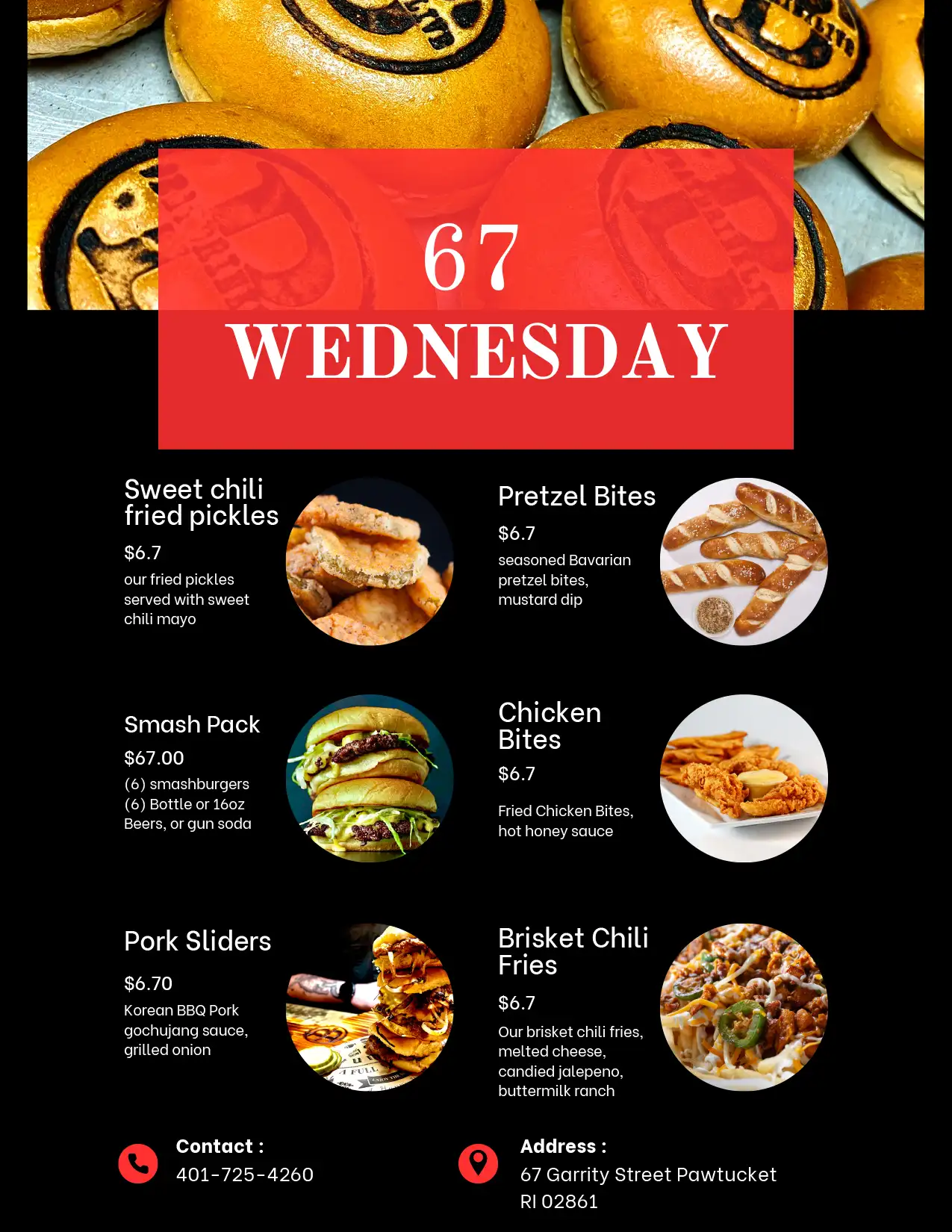 67 Wednesdays Featured Special Menu
